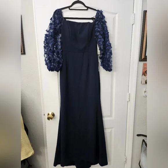 eliza j off-the-shoulder 3d floral-sleeve scuba crepe evening dress Eliza J Mauve Off the Shoulder 3D Floral Sleeve Scuba Crepe Evening Gown 2 $228